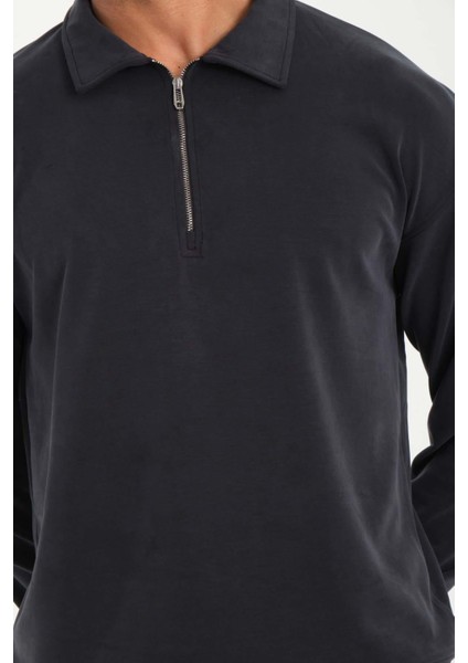 Scuba Modal Kumaş Relaxed Fit Yarım Fermuarlı Polo Yaka Erkek Sweatshirt - Siyah modelleri