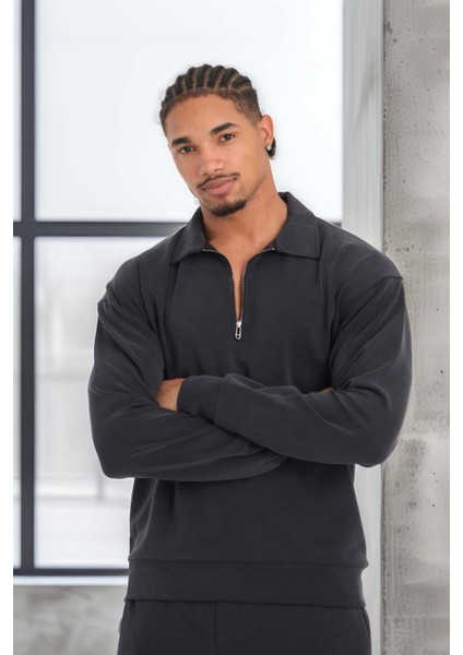 Scuba Modal Kumaş Relaxed Fit Yarım Fermuarlı Polo Yaka Erkek Sweatshirt - Siyah fırsatları