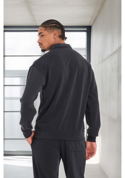 Scuba Modal Kumaş Relaxed Fit Yarım Fermuarlı Polo Yaka Erkek Sweatshirt - Siyah indirimleri