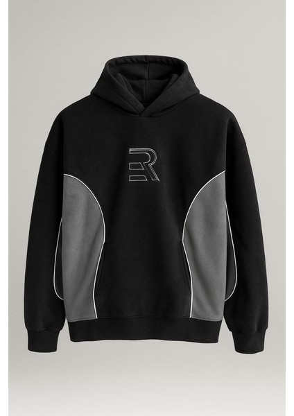 Frank Parçalı Kontrast Desenli Kapüşonlu Oversize Cepli Polar Erkek Sweatshirt - Siyah