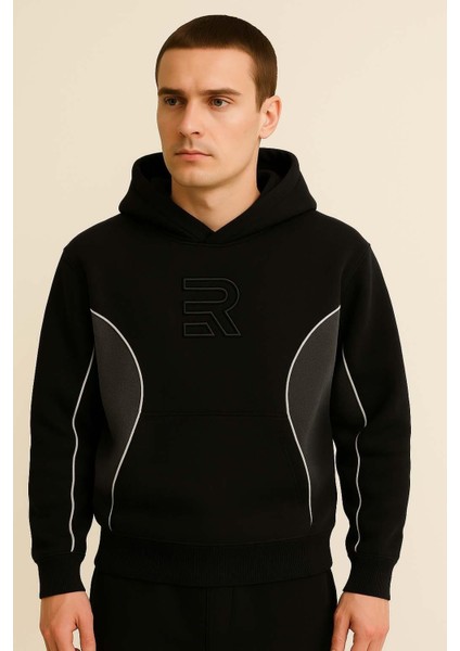 Frank Parçalı Kontrast Desenli Kapüşonlu Oversize Cepli Polar Erkek Sweatshirt - Siyah fiyatları