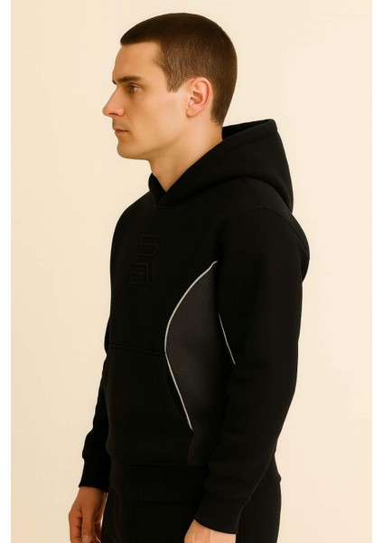 Frank Parçalı Kontrast Desenli Kapüşonlu Oversize Cepli Polar Erkek Sweatshirt - Siyah modelleri
