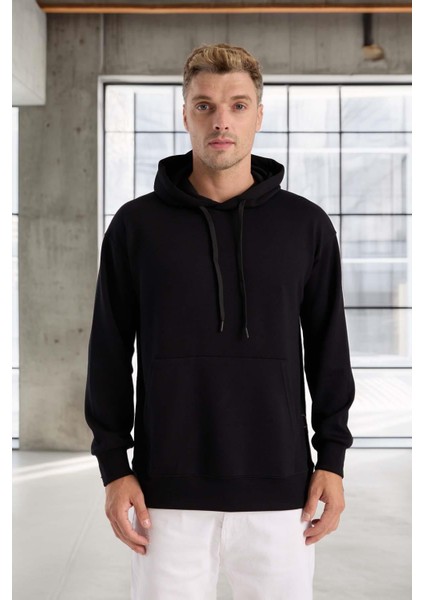 Luc Oversize Basic Dalgıç Kumaş Viskon Kapüşonlu Cepli Sweatshirt Hoodie - Siyah fiyatları