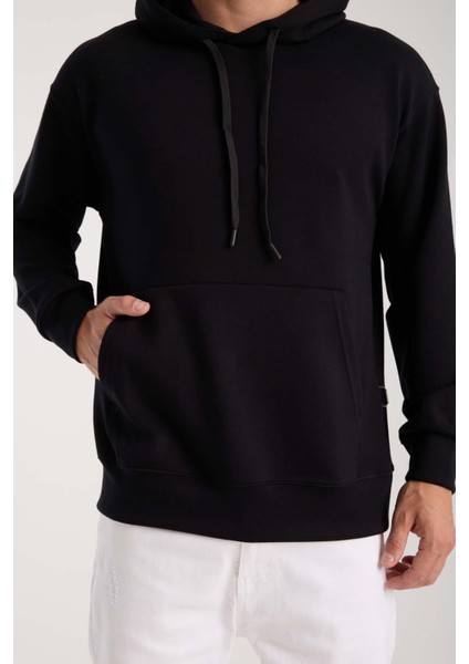 Luc Oversize Basic Dalgıç Kumaş Viskon Kapüşonlu Cepli Sweatshirt Hoodie - Siyah modelleri