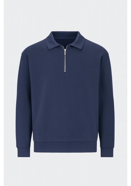 Scuba Modal Kumaş Relaxed Fit Yarım Fermuarlı Polo Yaka Erkek Sweatshirt - Lacivert