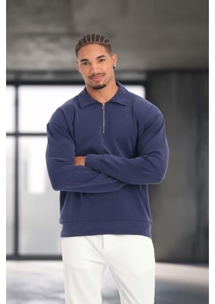 Scuba Modal Kumaş Relaxed Fit Yarım Fermuarlı Polo Yaka Erkek Sweatshirt - Lacivert fiyatları