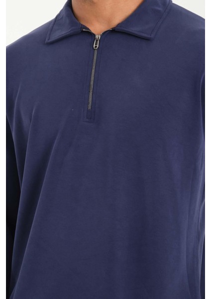 Scuba Modal Kumaş Relaxed Fit Yarım Fermuarlı Polo Yaka Erkek Sweatshirt - Lacivert modelleri