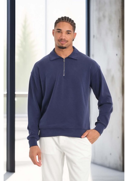 Scuba Modal Kumaş Relaxed Fit Yarım Fermuarlı Polo Yaka Erkek Sweatshirt - Lacivert fırsatları