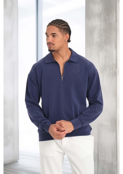 Scuba Modal Kumaş Relaxed Fit Yarım Fermuarlı Polo Yaka Erkek Sweatshirt - Lacivert indirimleri