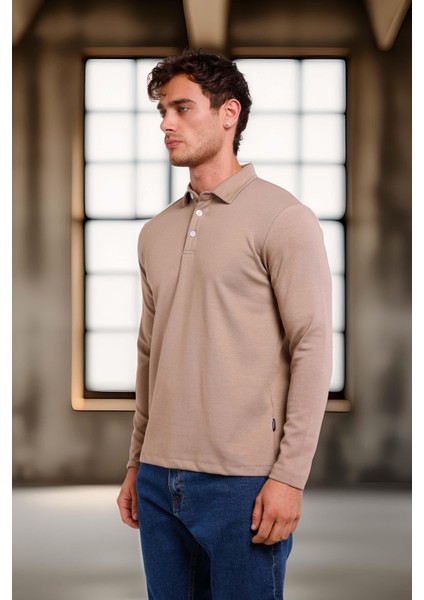 Ridley Regular Fit Doubleface Interlok Polo Yaka Erkek Sweatshirt - Bej modelleri