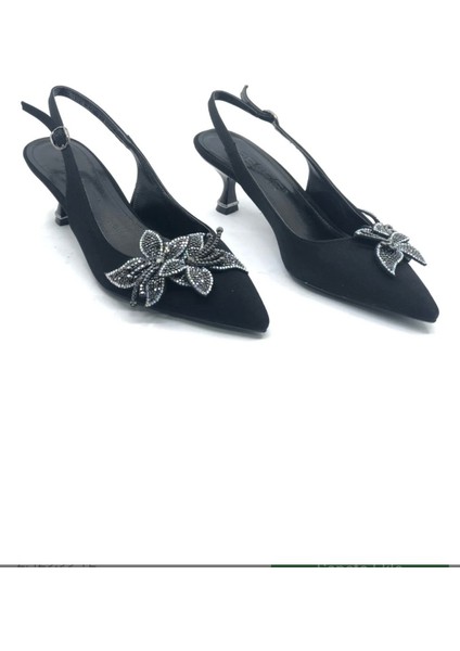 Siyah Önü Çiçek Taşlı Arkası Açık Sivri Burun Kısa Topuklu Ayakkabı fırsatları