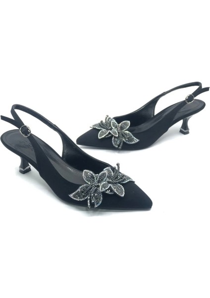 Siyah Önü Çiçek Taşlı Arkası Açık Sivri Burun Kısa Topuklu Ayakkabı indirimleri