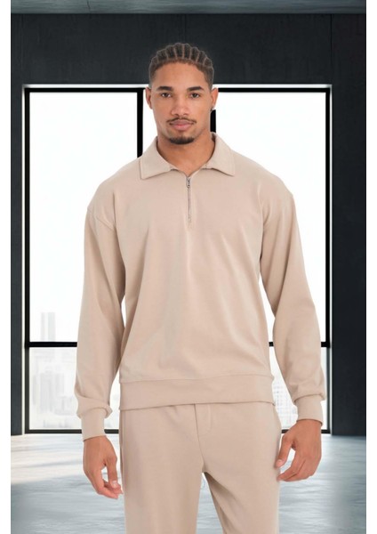 Scuba Modal Kumaş Relaxed Fit Yarım Fermuarlı Polo Yaka Erkek Sweatshirt - Bej