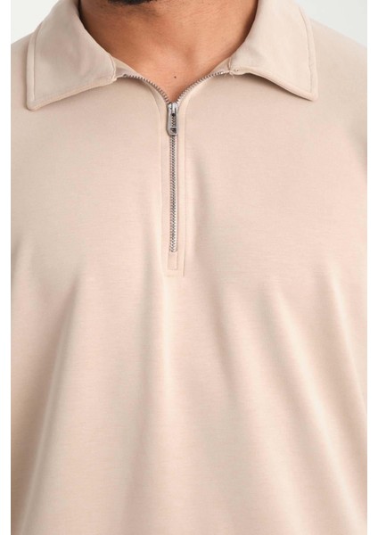 Scuba Modal Kumaş Relaxed Fit Yarım Fermuarlı Polo Yaka Erkek Sweatshirt - Bej fiyatları