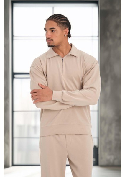 Scuba Modal Kumaş Relaxed Fit Yarım Fermuarlı Polo Yaka Erkek Sweatshirt - Bej modelleri
