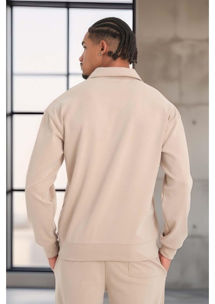 Scuba Modal Kumaş Relaxed Fit Yarım Fermuarlı Polo Yaka Erkek Sweatshirt - Bej fırsatları