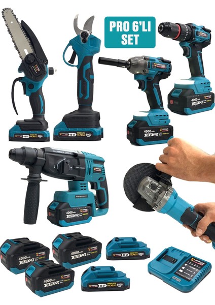 PR0-8012 Kömürsüz Şarjlı 6'lı Set Kırıcı Delici Hilti-Taşlama-Matkao-Budama Makası Testeresi-Bijon Sökme Akülü Set