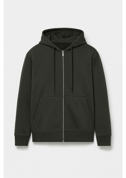 Haneke Regular Kalıp Diagonal 3 Iplik Fermuarlı Kapüşonlu Erkek Sweatshirt - Çam Yeşili