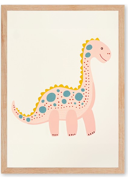 Dot Dino - Doğal Ahşap Çerçeveli Tablo - Neşeli Çocuk Posteri fiyatları