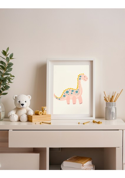 Dot Dino - Doğal Ahşap Çerçeveli Tablo - Neşeli Çocuk Posteri modelleri