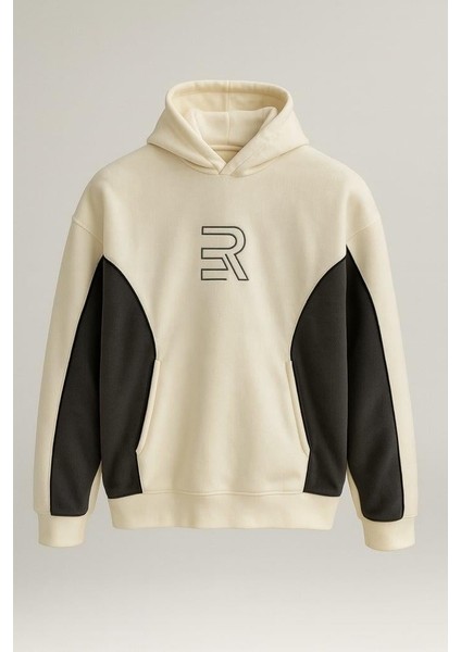Frank Parçalı Kontrast Desenli Kapüşonlu Oversize Cepli Polar Erkek Sweatshirt - Ekru