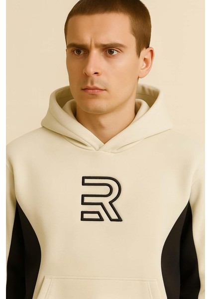 Frank Parçalı Kontrast Desenli Kapüşonlu Oversize Cepli Polar Erkek Sweatshirt - Ekru fiyatları