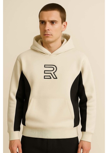 Frank Parçalı Kontrast Desenli Kapüşonlu Oversize Cepli Polar Erkek Sweatshirt - Ekru modelleri