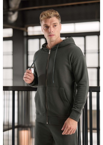 Haneke Regular Kalıp Diagonal 3 Iplik Fermuarlı Kapüşonlu Erkek Sweatshirt - Çam Yeşili fiyatları