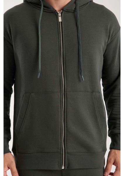 Haneke Regular Kalıp Diagonal 3 Iplik Fermuarlı Kapüşonlu Erkek Sweatshirt - Çam Yeşili modelleri