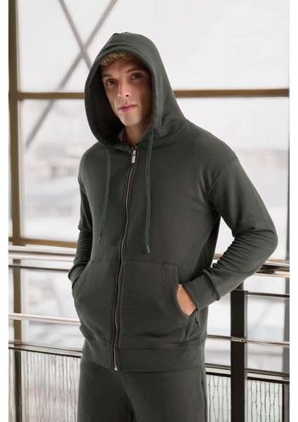 Haneke Regular Kalıp Diagonal 3 Iplik Fermuarlı Kapüşonlu Erkek Sweatshirt - Çam Yeşili fırsatları
