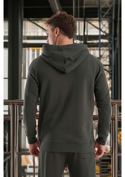 Haneke Regular Kalıp Diagonal 3 Iplik Fermuarlı Kapüşonlu Erkek Sweatshirt - Çam Yeşili indirimleri