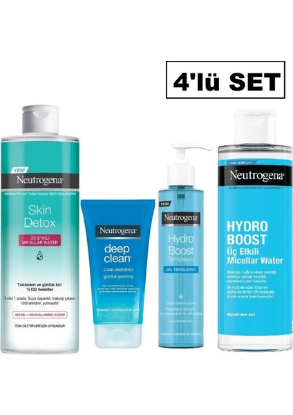 Makyaj Temizleme Suyu, Temizleme Jeli, Üç Etkili Misel Su ve Canlandırıcı Peeling - 4'lü Set