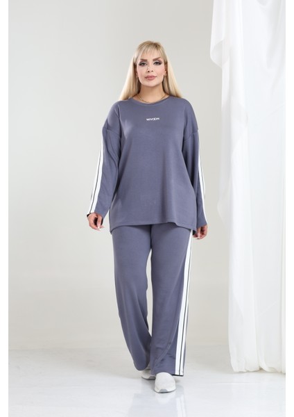 Kadın Büyük Beden Uzun Kollu Şerit Detaylı Oysho Tarzı Modal Kumaş Takım