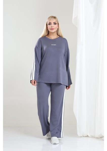 Kadın Büyük Beden Uzun Kollu Şerit Detaylı Oysho Tarzı Modal Kumaş Takım