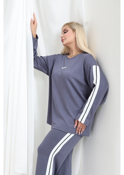 Kadın Büyük Beden Uzun Kollu Şerit Detaylı Oysho Tarzı Modal Kumaş Takım