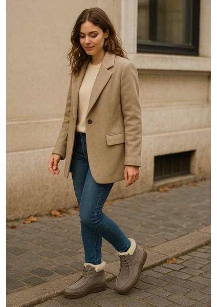 Nira Hakiki Deri 6 cm Boy Uzatan Kadın Bot - Vizon modelleri