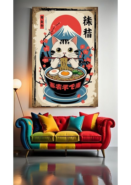 Noodle Yiyen Kedi Vı Ev Duvar Salon Güzellik Salonu Ofis Dükkan Dekarasyon Kanvas Tablo