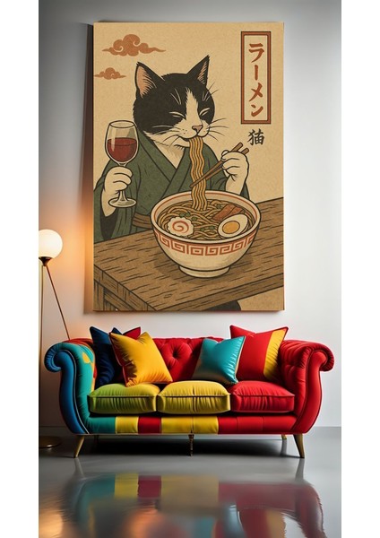 Noodle Yiyen Kedi Iıı Ev Duvar Salon Güzellik Salonu Ofis Dükkan Dekarasyon Kanvas Tablo