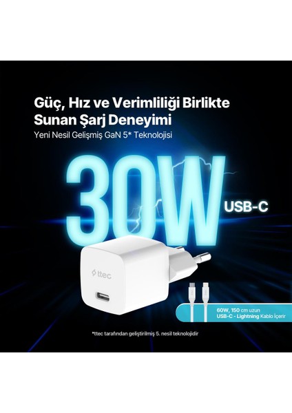 Smartcharger Gan 30W Pd Seyahat Hızlı Şarj Aleti + Usb-C - Lightning 150CM Kablo 2SCG30LB fiyatları