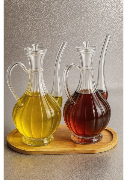 Borosilikat Cam Glorry Yağlık ve Sirkelik Seti 700 ml +700 ml Bambu Standlı Çizgili Tasarım