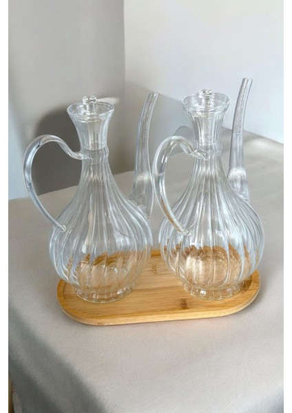 Borosilikat Cam Glorry Yağlık ve Sirkelik Seti 700 ml +700 ml Bambu Standlı Çizgili Tasarım fiyatları