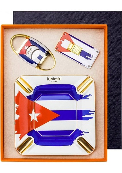 Yeni Seri Cuban Flag Design Üçlü Puro Seti Çakmak+Kesici+Küllük