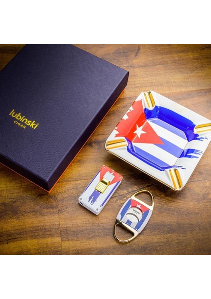 Yeni Seri Cuban Flag Design Üçlü Puro Seti Çakmak+Kesici+Küllük fiyatları