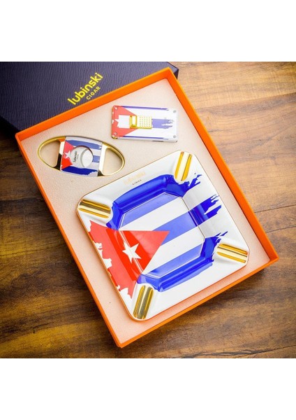 Yeni Seri Cuban Flag Design Üçlü Puro Seti Çakmak+Kesici+Küllük modelleri