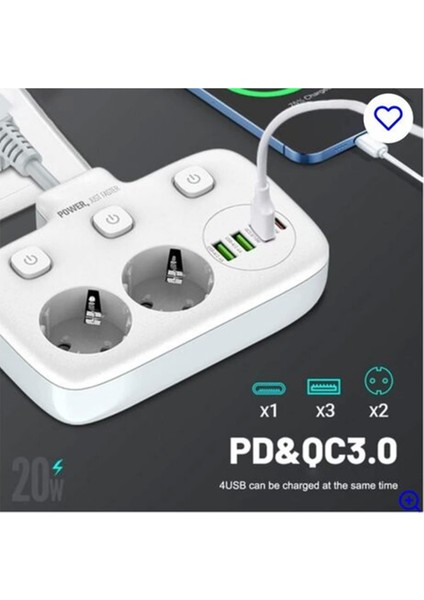 Akım Korumalı 2 Li Ayrı Anahtarlı Priz, 2x Priz, 3x Usb, 1x Type-C, 2 mt Kablo, Hızlı Şarj fiyatları