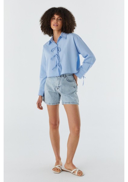 Fiyonk Bağcıklı Crop Gömlek Mavı