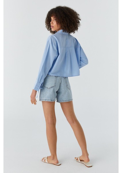 Fiyonk Bağcıklı Crop Gömlek Mavı indirimleri