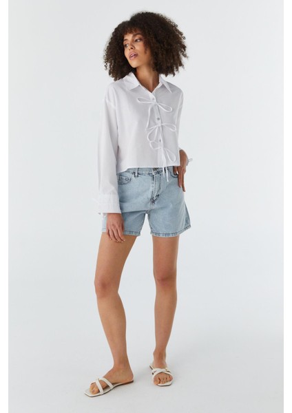 Fiyonk Bağcıklı Crop Gömlek Beyaz modelleri