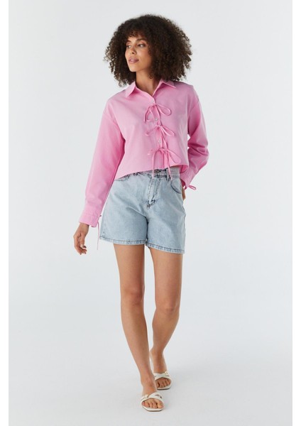 Fiyonk Bağcıklı Crop Gömlek Pembe