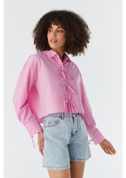 Fiyonk Bağcıklı Crop Gömlek Pembe modelleri